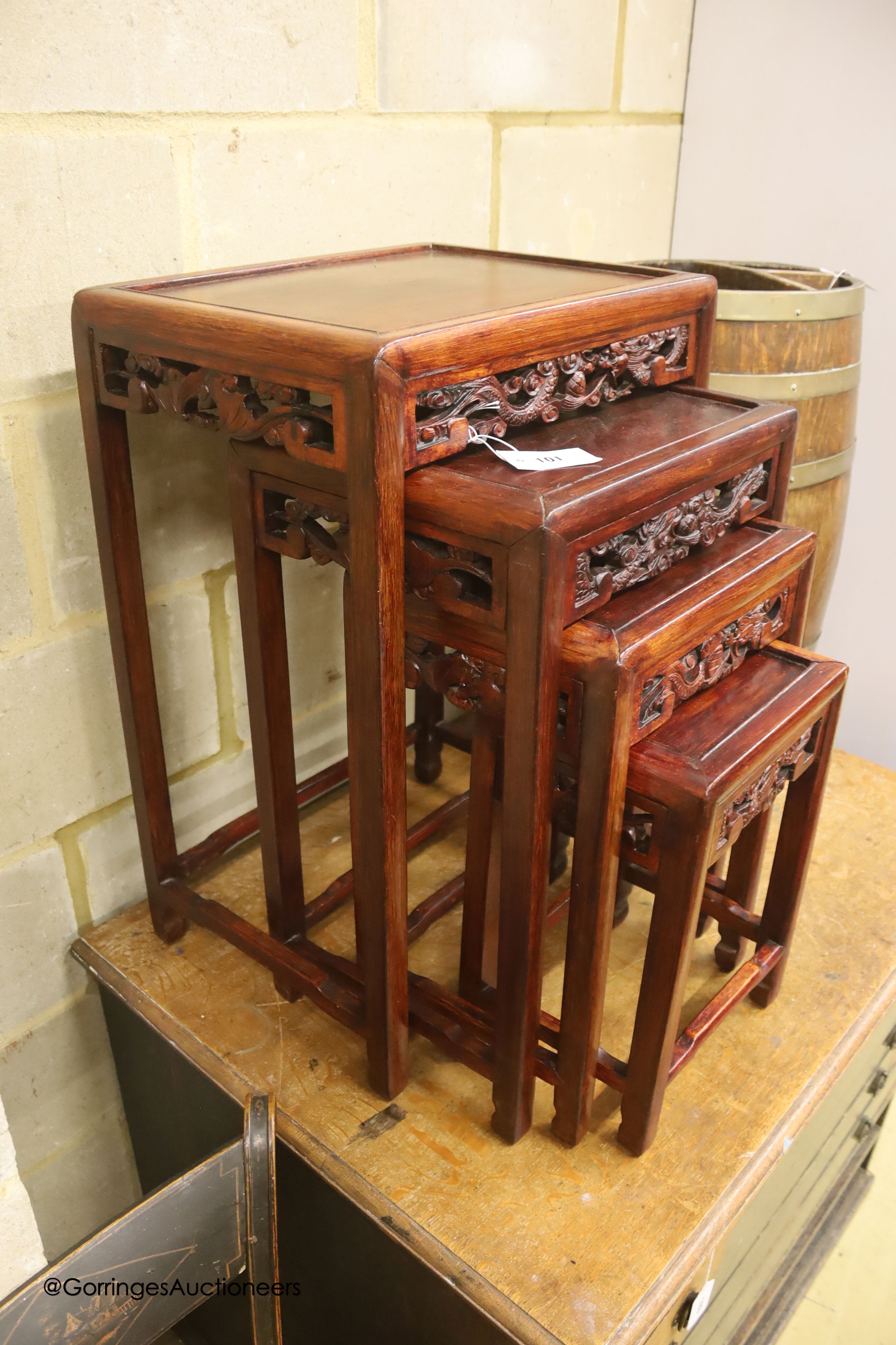 A quartetto of Chinese carved hardwood tables, width 46cm depth 35cm height 68cm